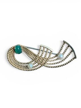Krementz Jade and Pearl Wavy Pin Brooch 14K Gold Overlay Vintage Mid Century